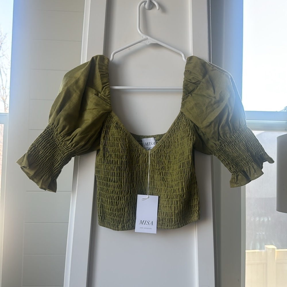 MISA Los Angeles Calla Smocked Puff Sleeve Crop Top Olive XS NWT - Picture 4 of 4